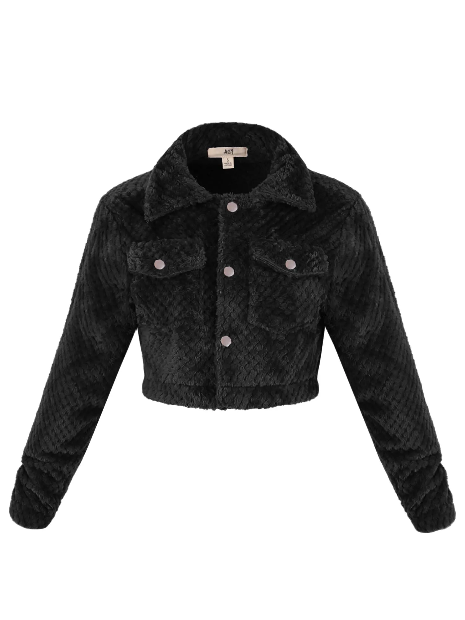 A2Y Women's Casual Cute Sherpa Fuzzy Two Pockets Button Closure Crop Jackets