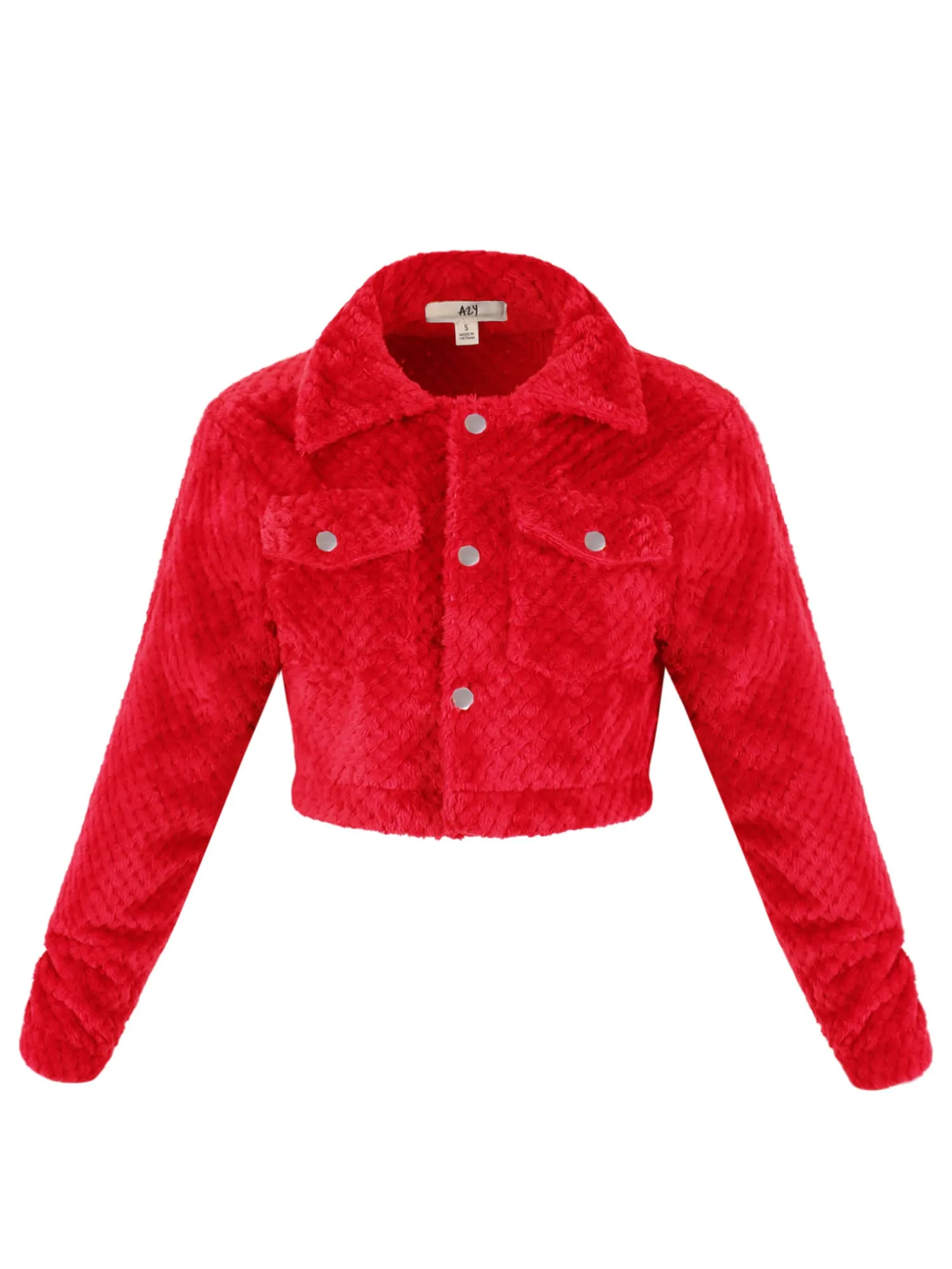 A2Y Women's Casual Cute Sherpa Fuzzy Two Pockets Button Closure Crop Jackets