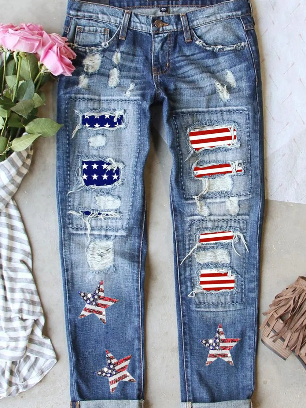 American Flag Embroidered Jeans