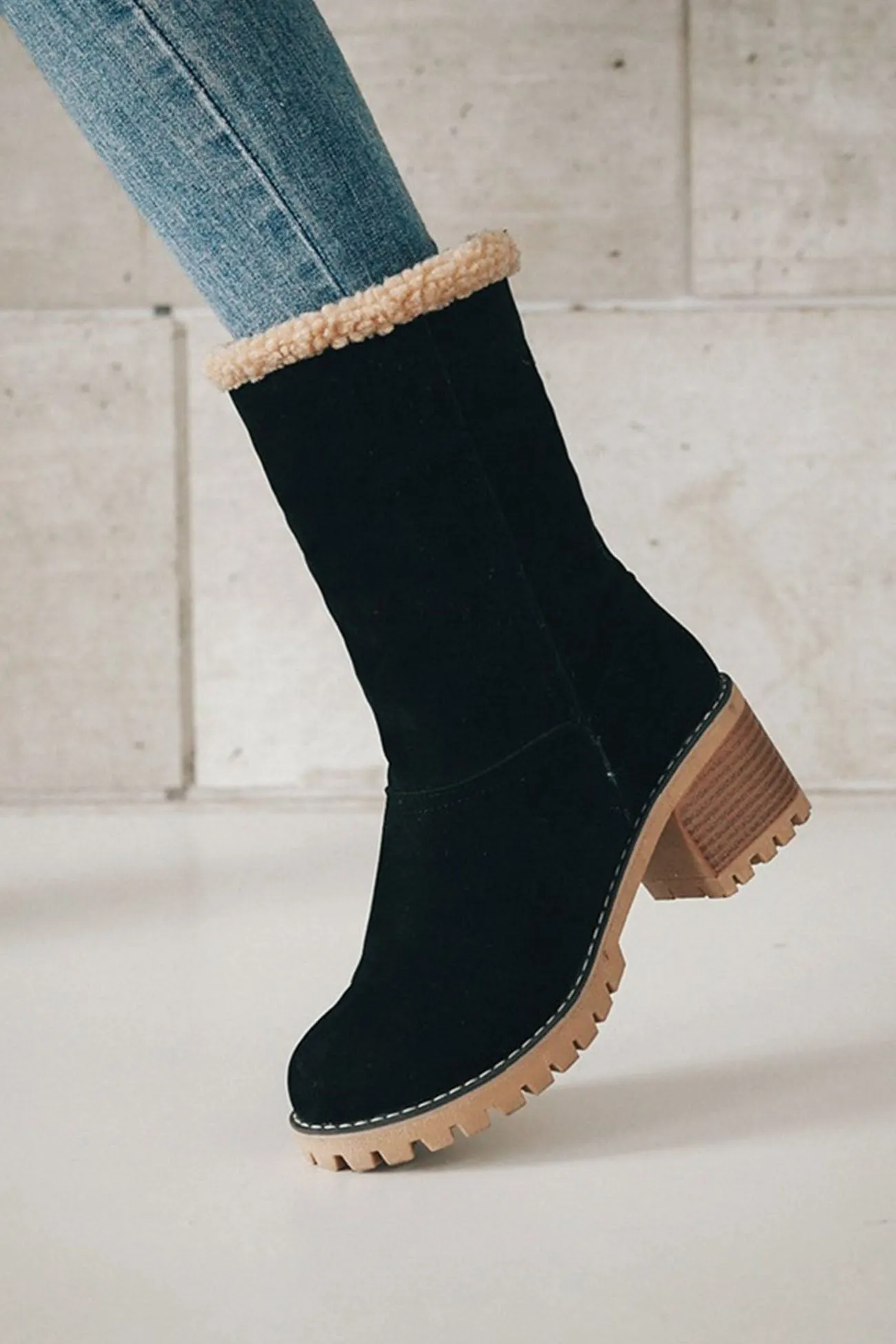 Amozae-Furry Solid Chunky Ankle Boots