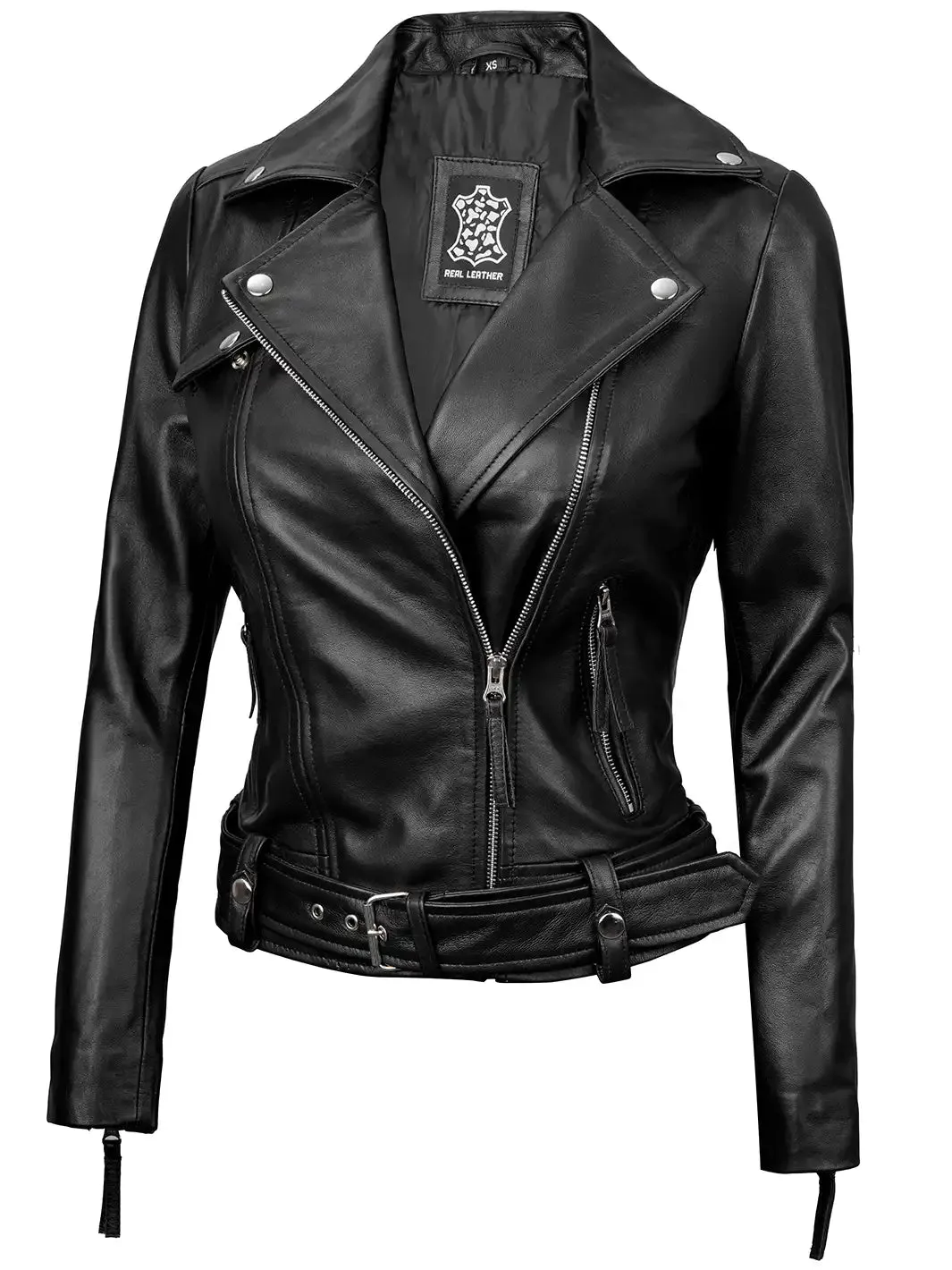 Angela Womens Black Belted Asymmetrical Leather Jacket