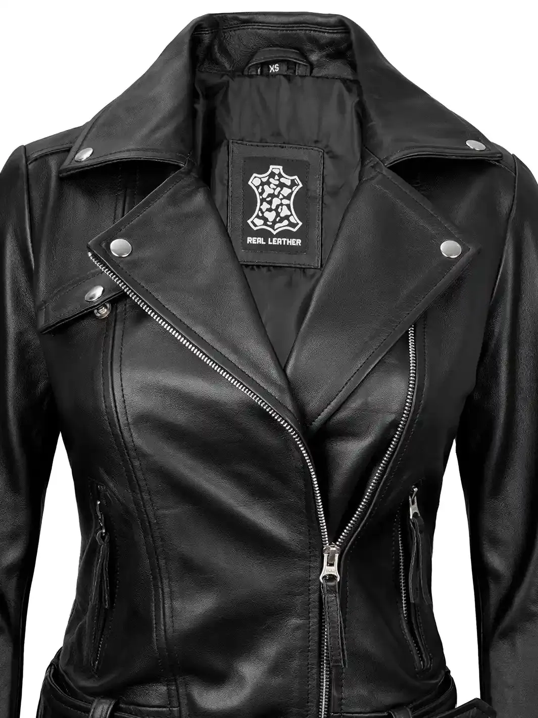 Angela Womens Black Belted Asymmetrical Leather Jacket