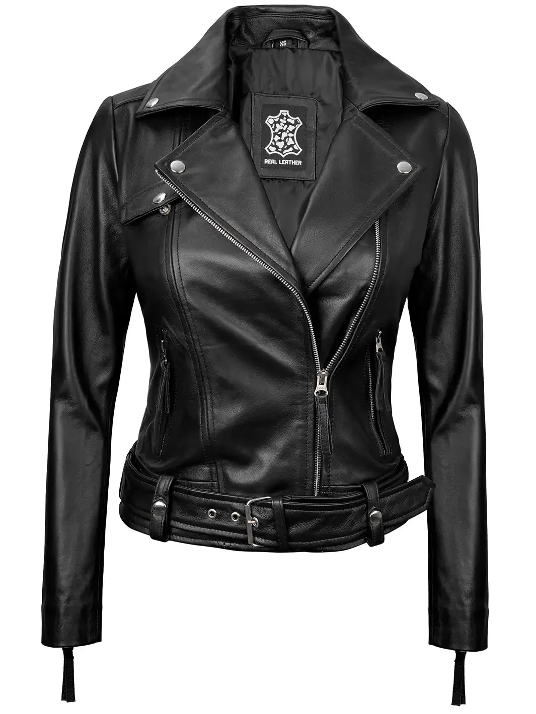 Angela Womens Black Belted Asymmetrical Leather Jacket