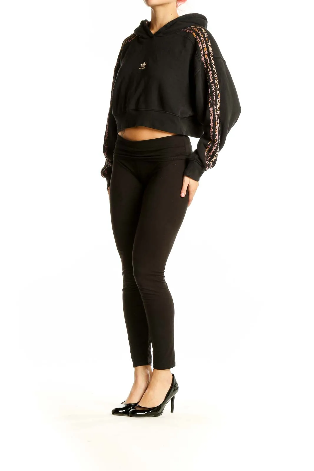 Black Cropped Hoodie with Leopard Stripes