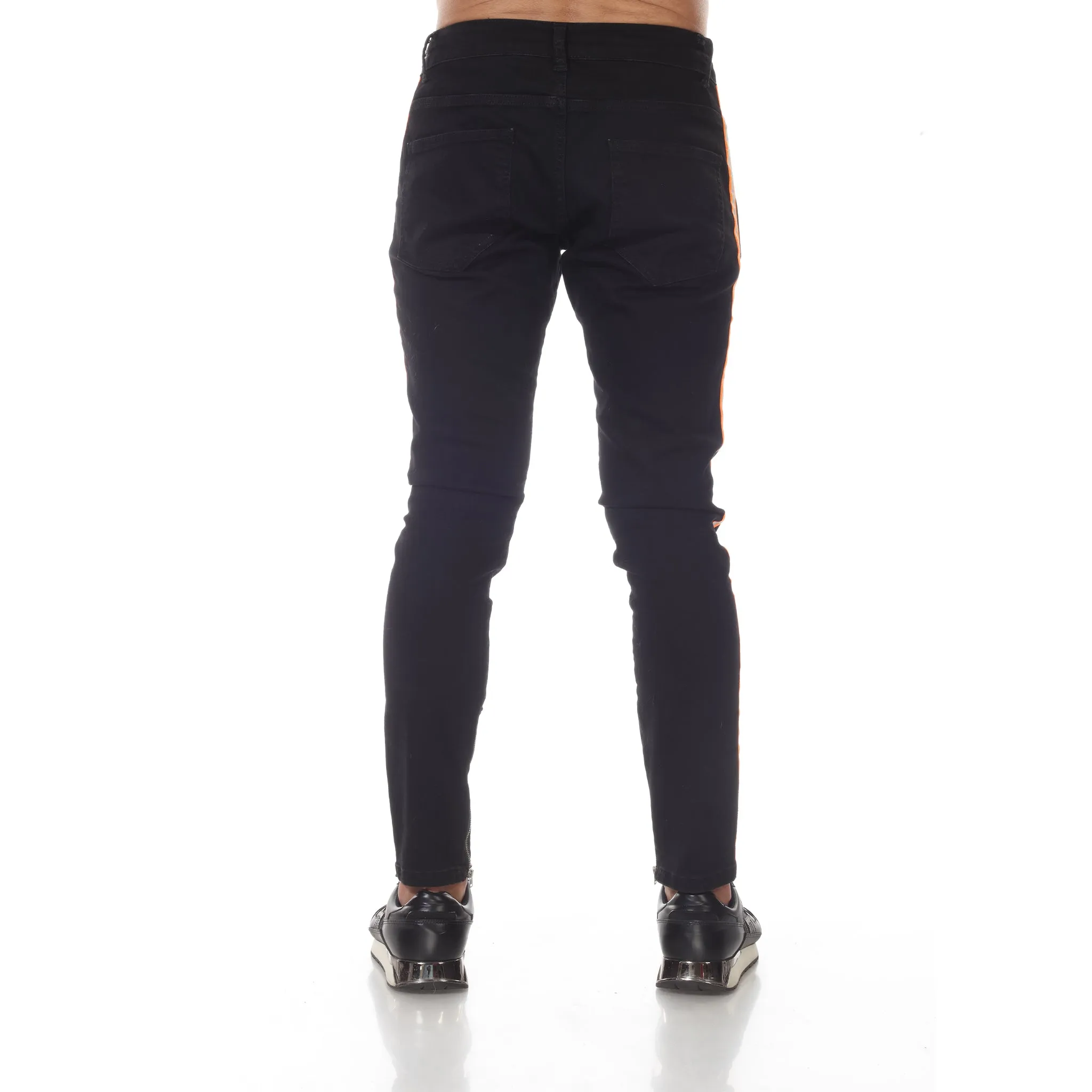 Black Fashion Jeans With Orange Night Reflector Distress & Piping