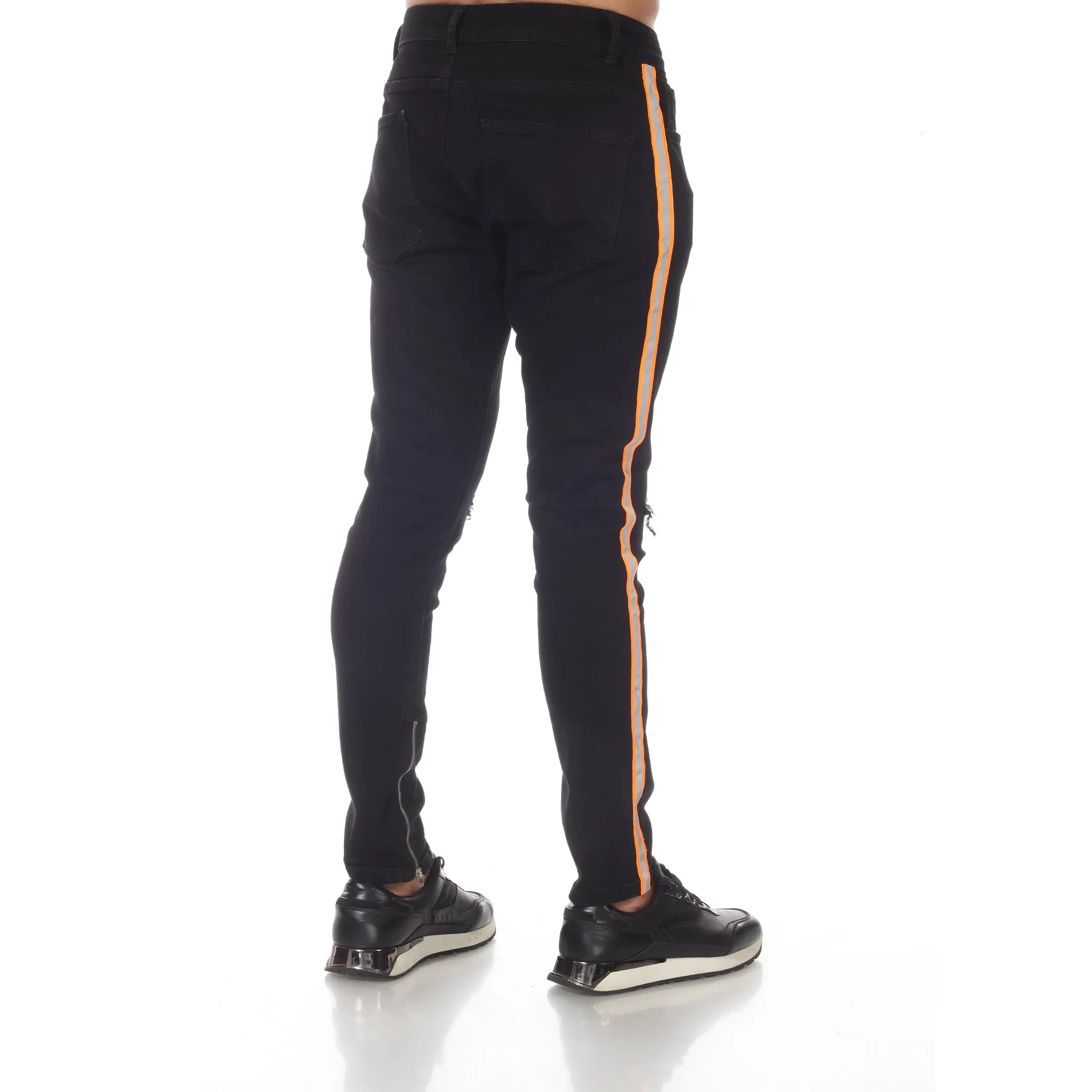 Black Fashion Jeans With Orange Night Reflector Distress & Piping