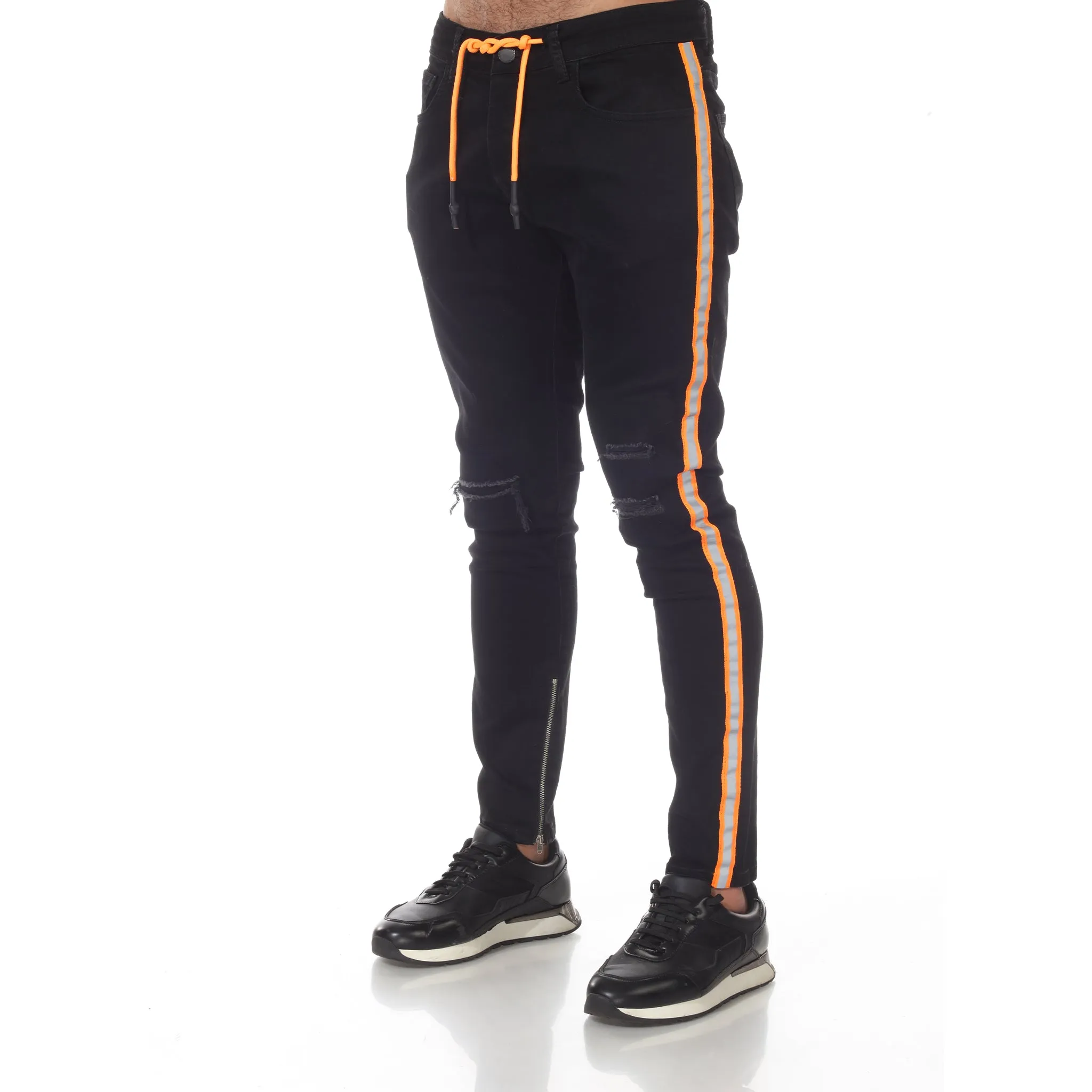 Black Fashion Jeans With Orange Night Reflector Distress & Piping