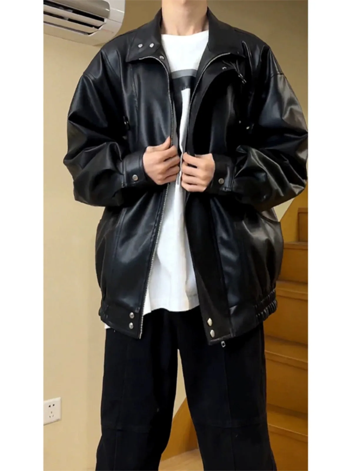 Cleanfit Spring and Autumn Motorcycle Clothing Black Leather Coat