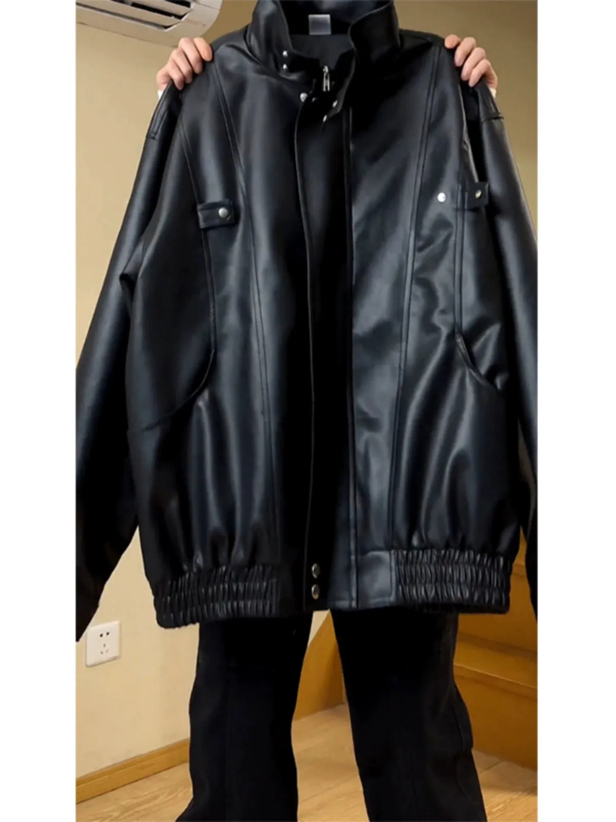 Cleanfit Spring and Autumn Motorcycle Clothing Black Leather Coat