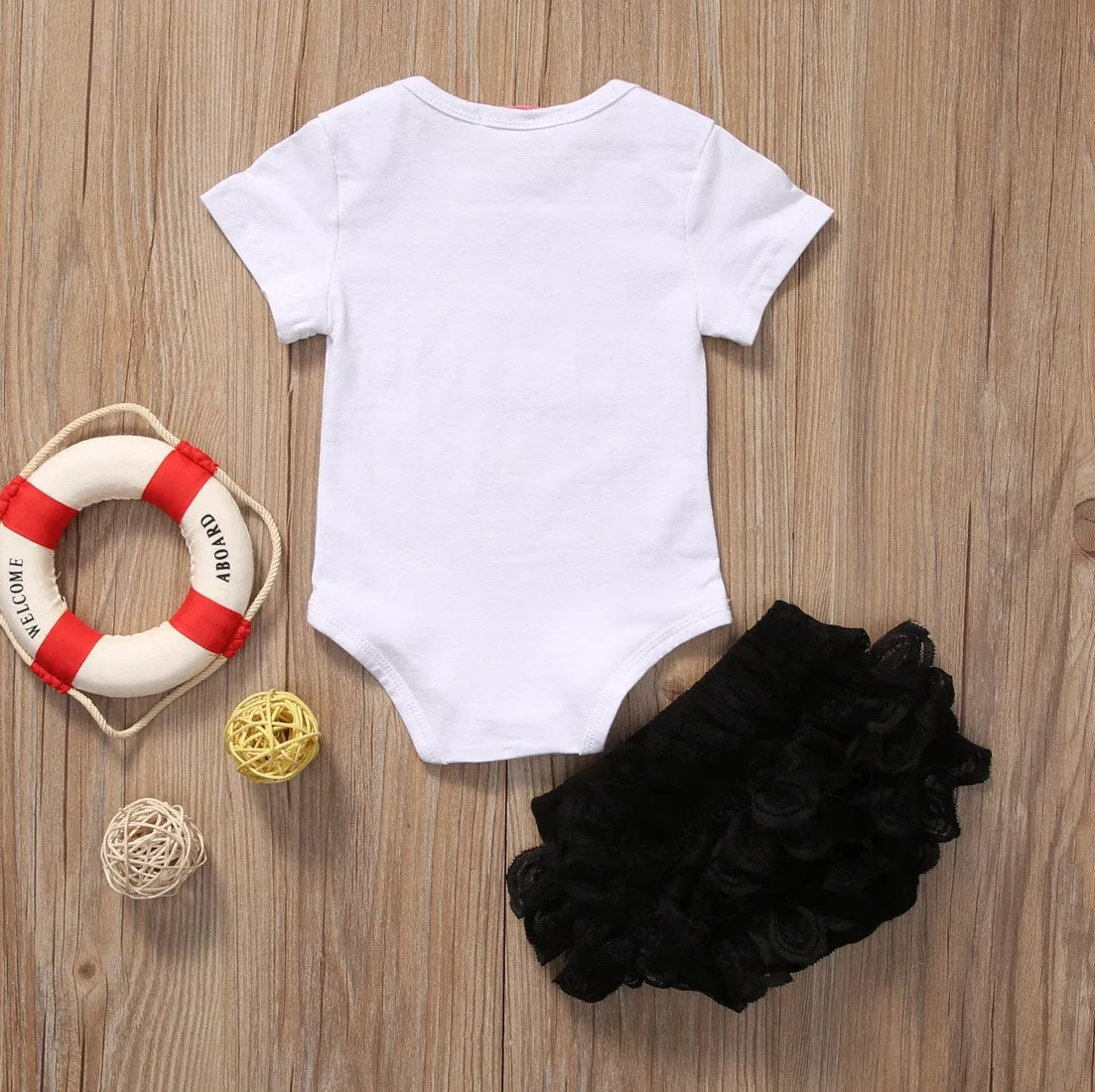 Clothing Set Baby Girl Football Printing bodysuit  Lace Floral Ruffle Shorts