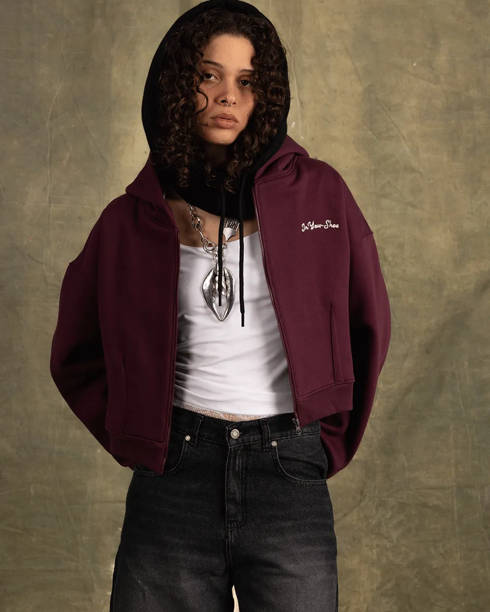 Deep Cherry Cropped Oversized Zip-Up Hoodie