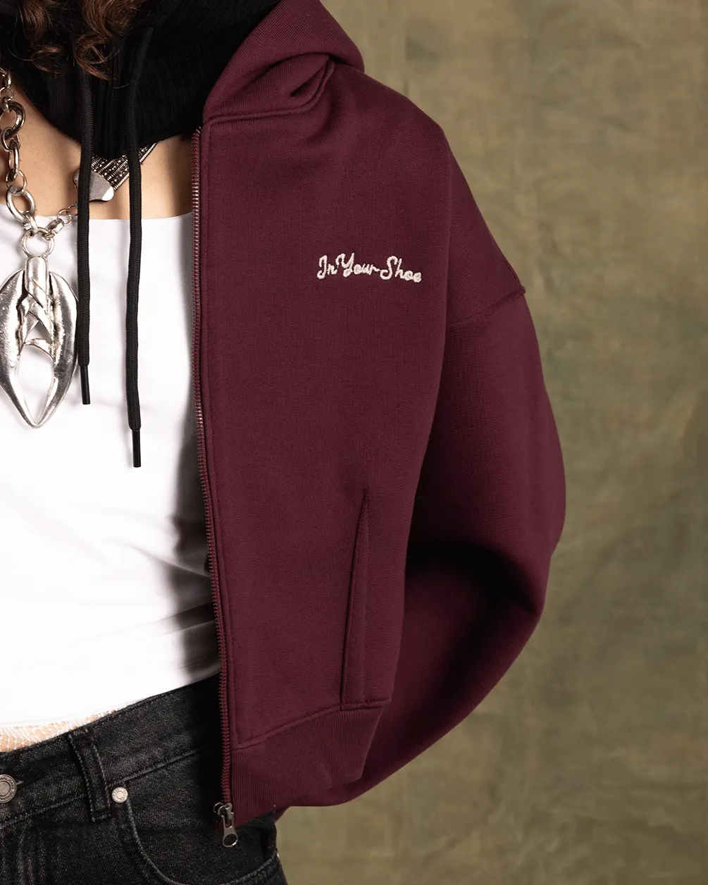 Deep Cherry Cropped Oversized Zip-Up Hoodie