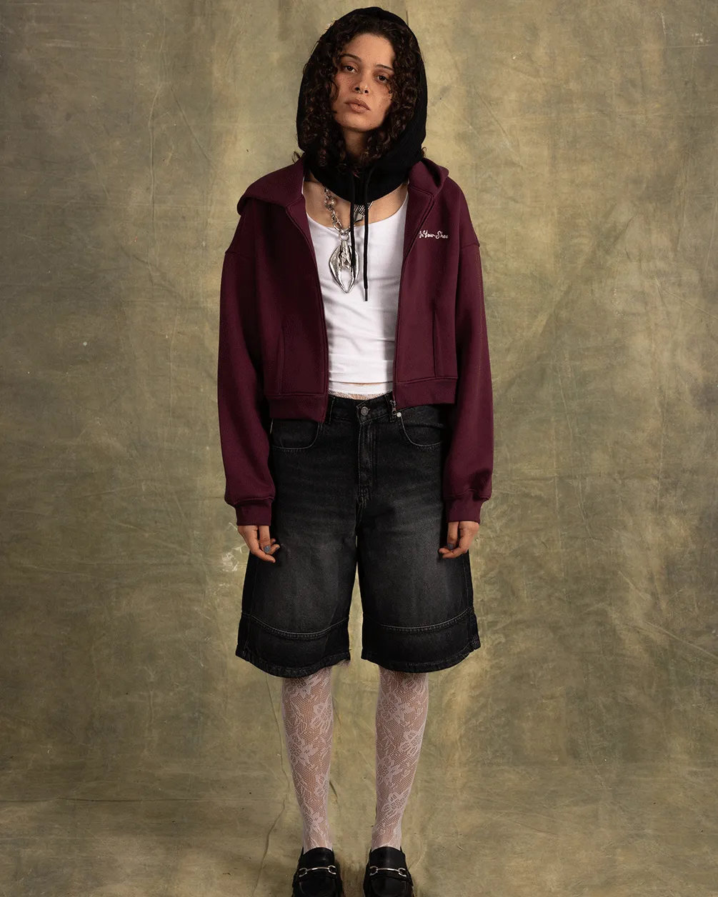 Deep Cherry Cropped Oversized Zip-Up Hoodie