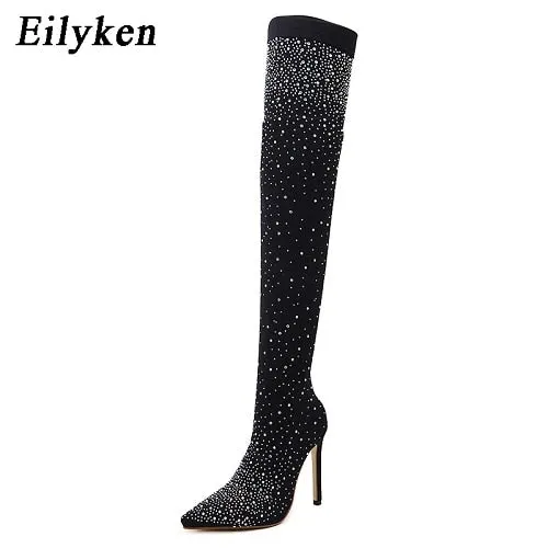 Eilyken Design Fashion Pointed Toe Bling Over Knee Boots Crystal Long Sock Women Thigh High Heel Sexy Club Sock Botas Mujer