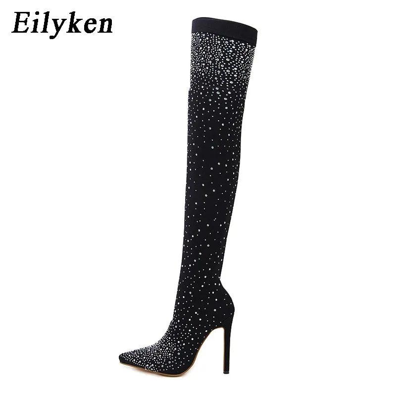 Eilyken Design Fashion Pointed Toe Bling Over Knee Boots Crystal Long Sock Women Thigh High Heel Sexy Club Sock Botas Mujer