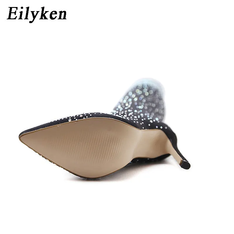 Eilyken Design Fashion Pointed Toe Bling Over Knee Boots Crystal Long Sock Women Thigh High Heel Sexy Club Sock Botas Mujer