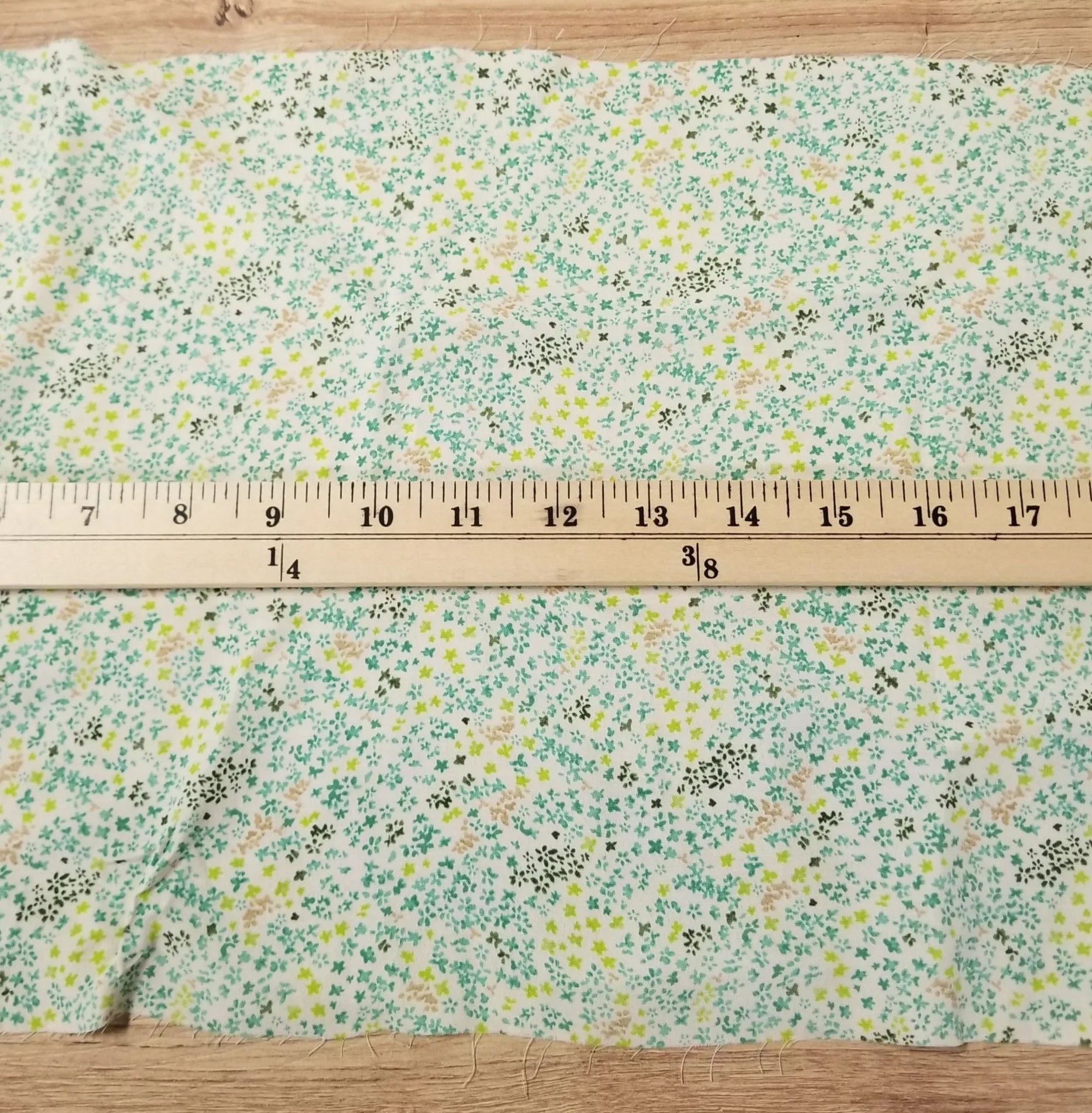 End of Bolt: 2 yards of Micro Scattered Lime & Mint Florals  Rayon Cream Hue Textured Woven-remnant