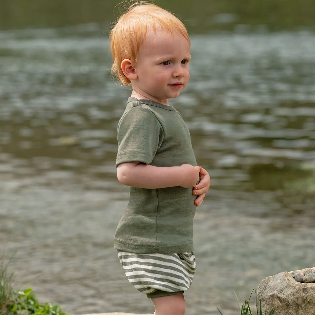 ENGEL Organic Wool/Silk Shorts for Baby/Toddler - OLIVE/NATURAL STRIPE