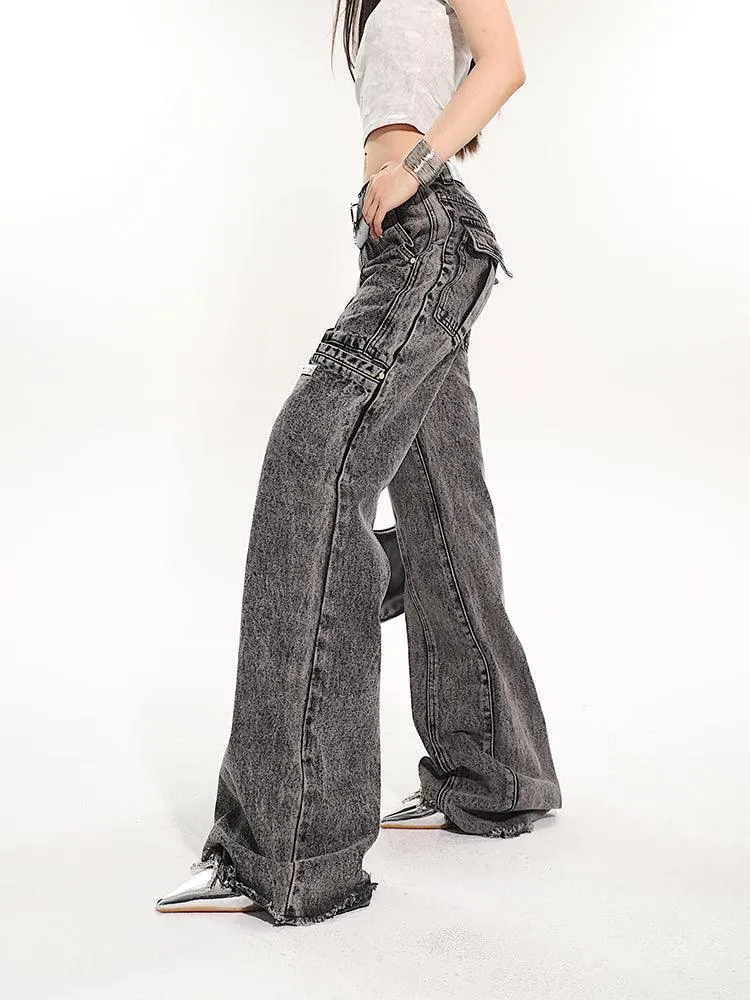 Full-Length Washed And Distressed Straight-Leg Jeans