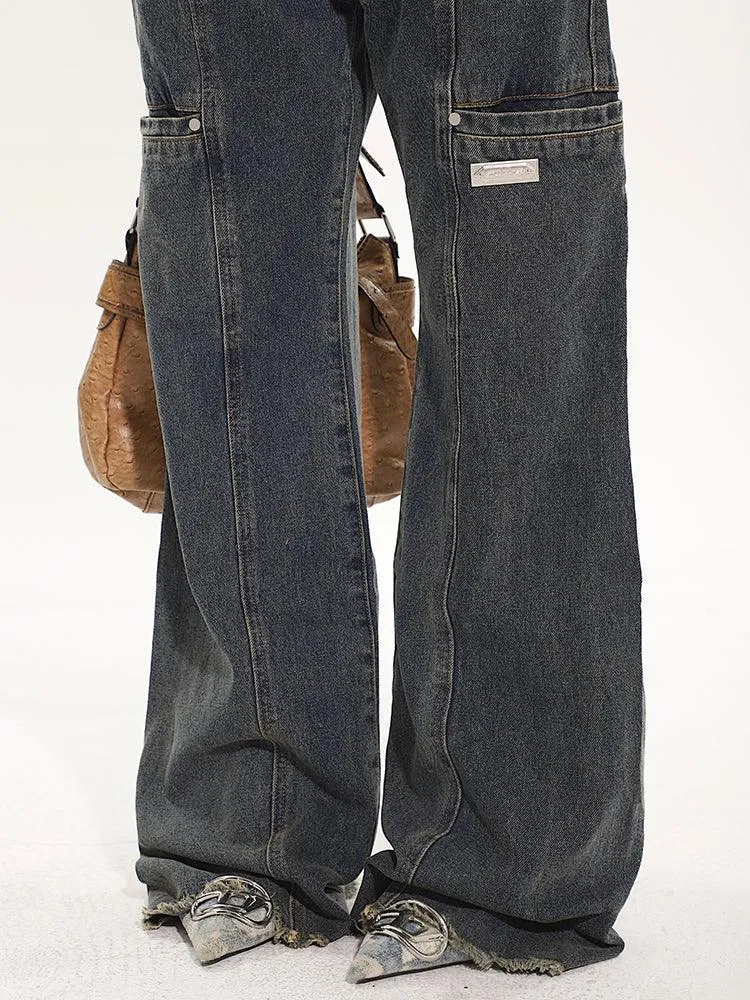 Full-Length Washed And Distressed Straight-Leg Jeans