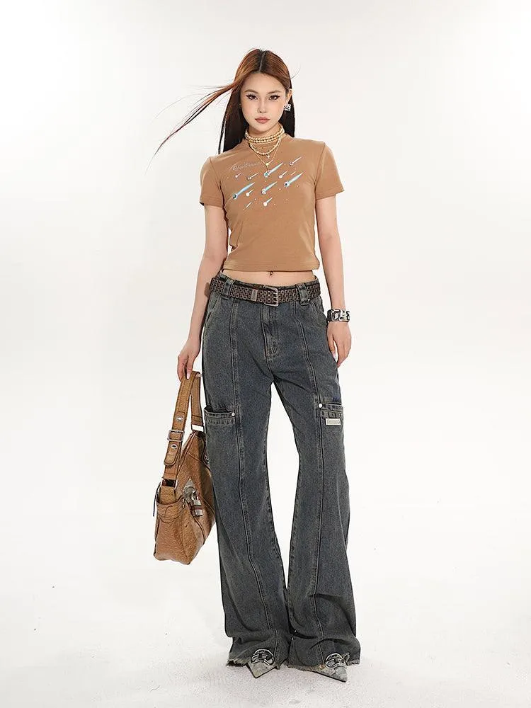 Full-Length Washed And Distressed Straight-Leg Jeans