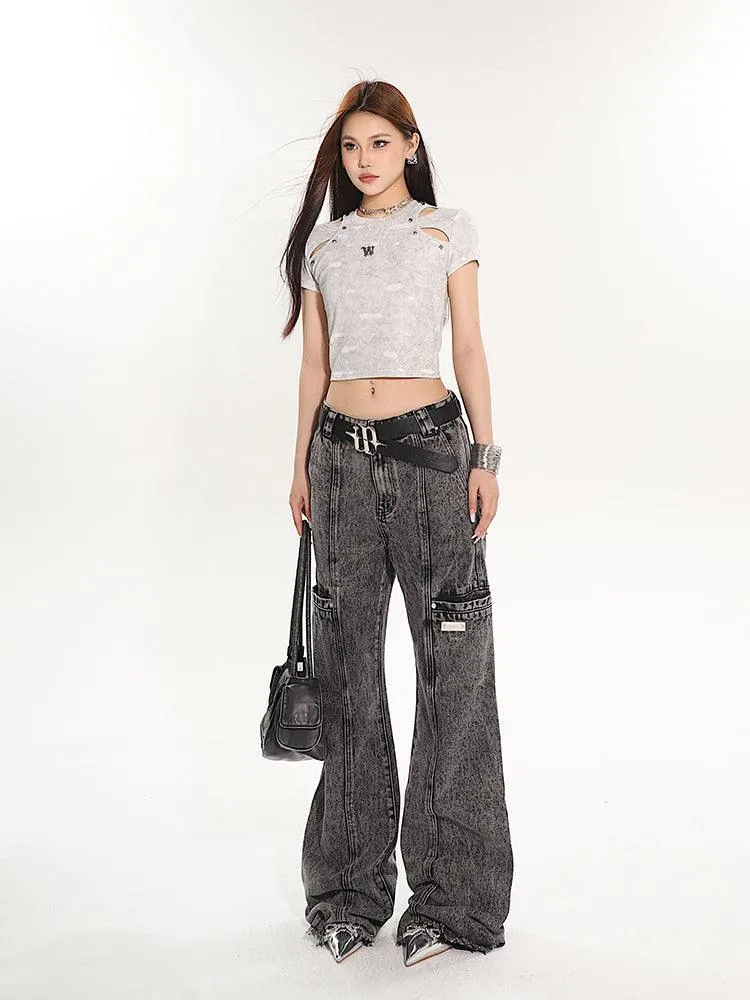 Full-Length Washed And Distressed Straight-Leg Jeans