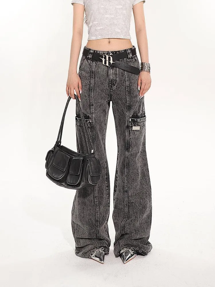 Full-Length Washed And Distressed Straight-Leg Jeans