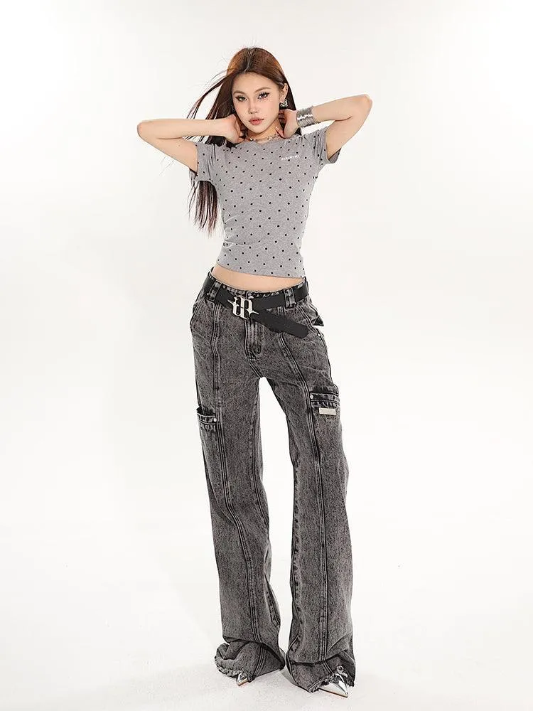 Full-Length Washed And Distressed Straight-Leg Jeans