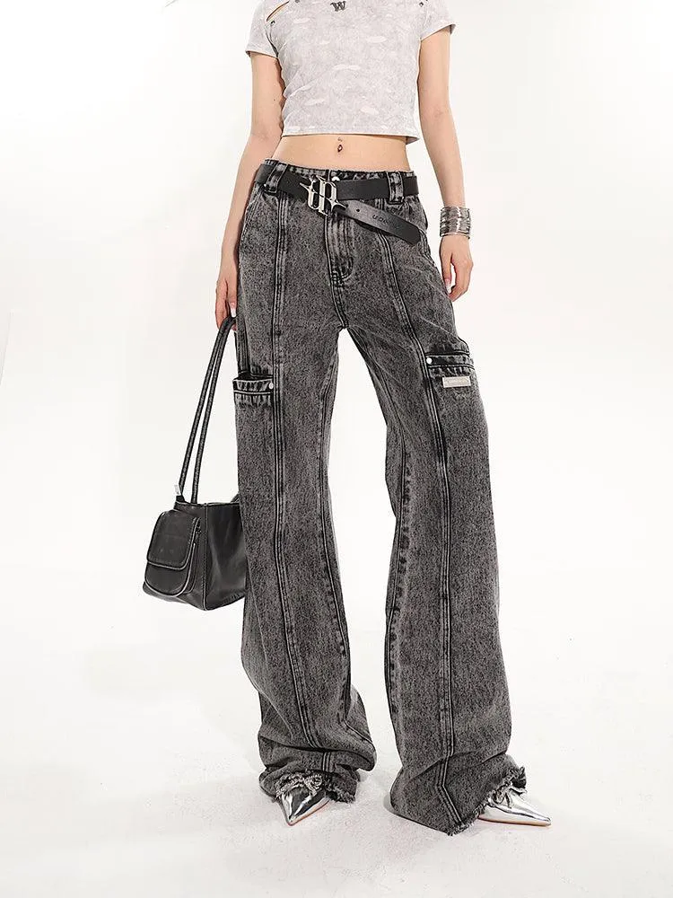 Full-Length Washed And Distressed Straight-Leg Jeans