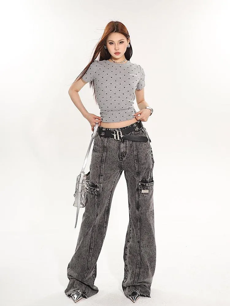 Full-Length Washed And Distressed Straight-Leg Jeans