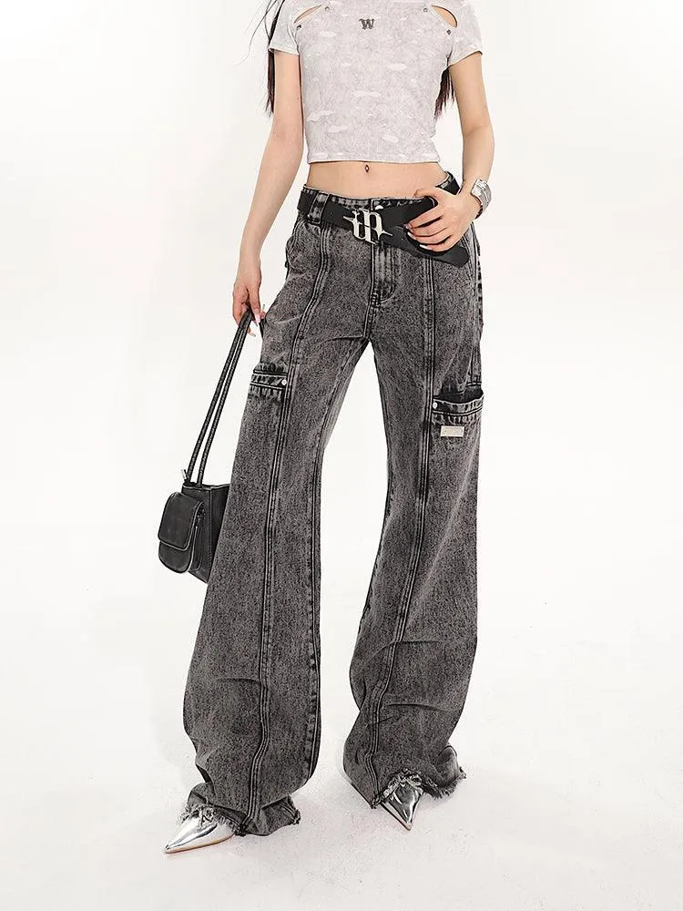 Full-Length Washed And Distressed Straight-Leg Jeans