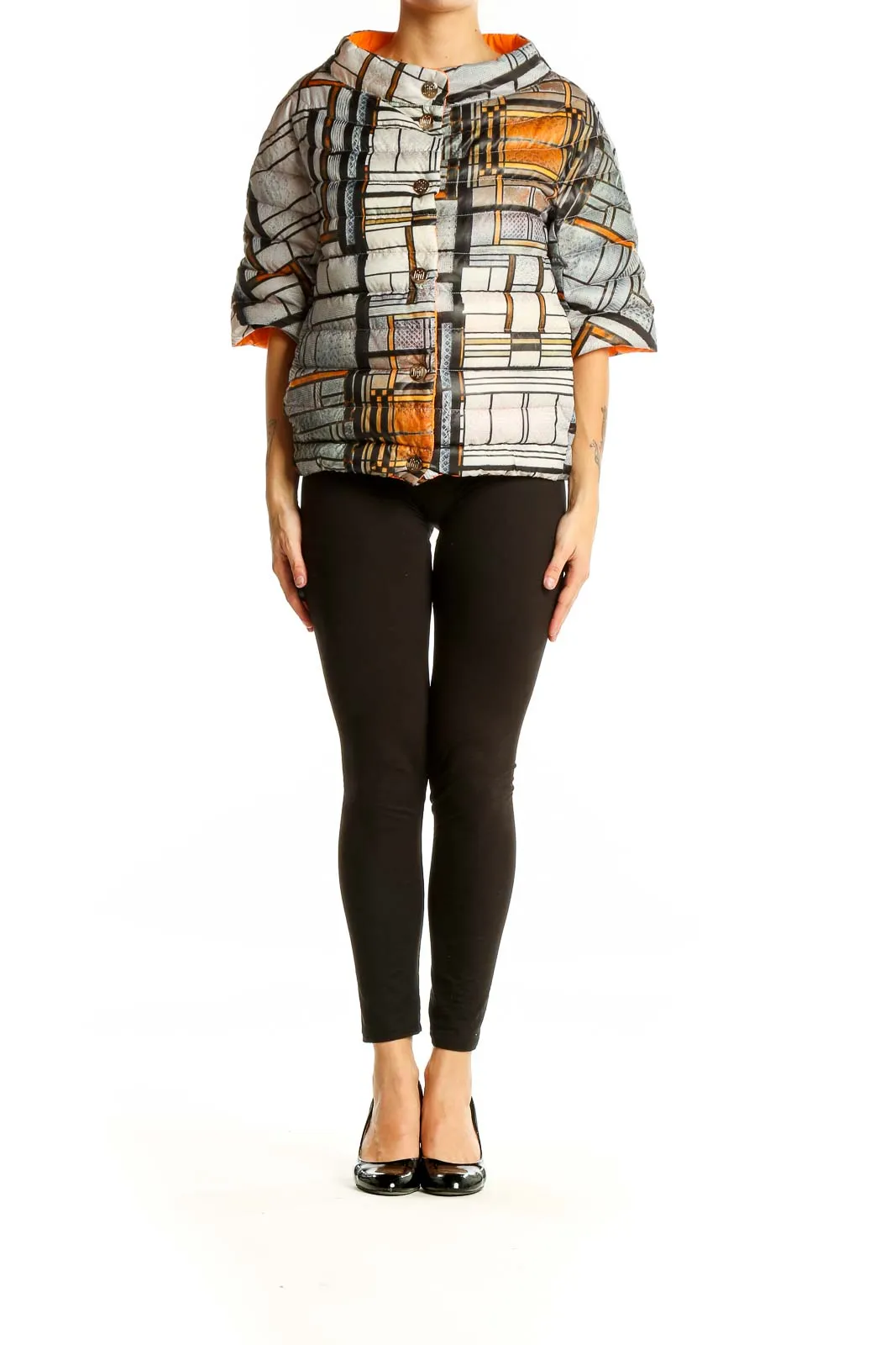 Geometric Print Button-Up Cropped Jacket