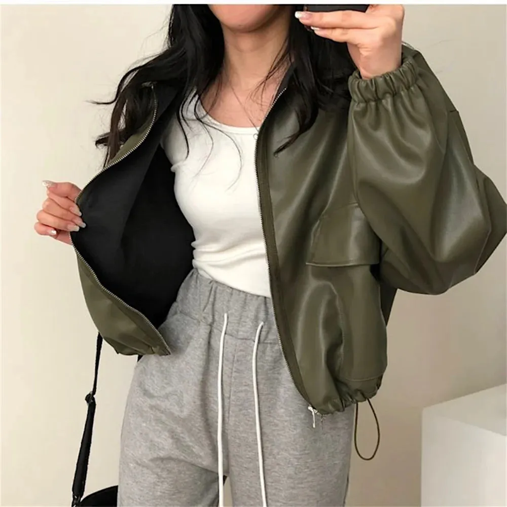 Girlary Stylish Classic PU Jackets Women Pockets Zipper New Solid Loose Autumn Minimalist Chic Office Lady Mujer Coats