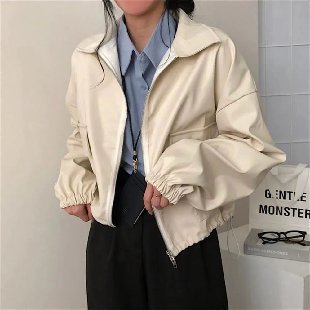 Girlary Stylish Classic PU Jackets Women Pockets Zipper New Solid Loose Autumn Minimalist Chic Office Lady Mujer Coats