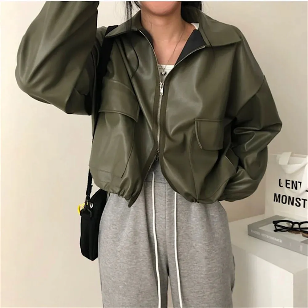 Girlary Stylish Classic PU Jackets Women Pockets Zipper New Solid Loose Autumn Minimalist Chic Office Lady Mujer Coats