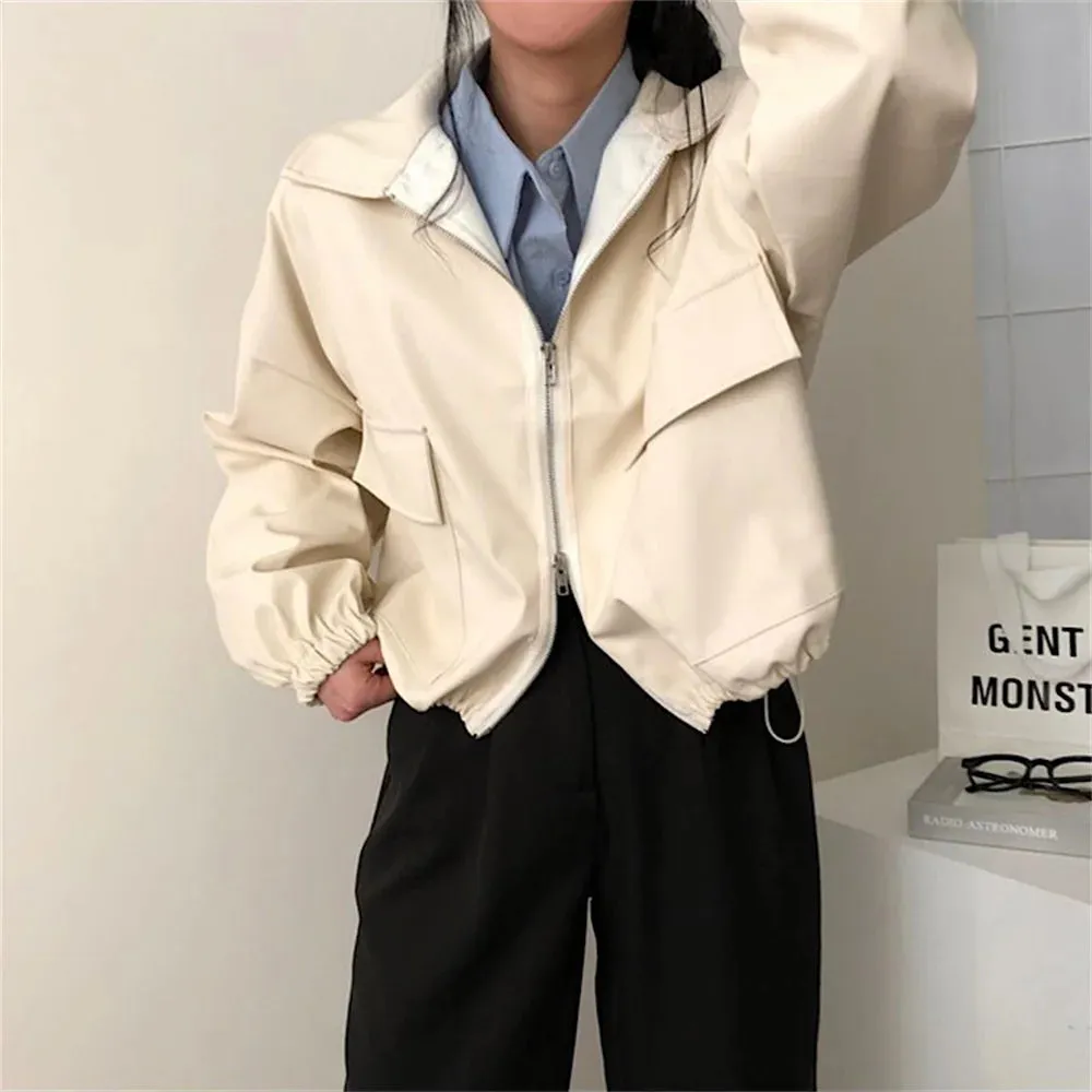 Girlary Stylish Classic PU Jackets Women Pockets Zipper New Solid Loose Autumn Minimalist Chic Office Lady Mujer Coats