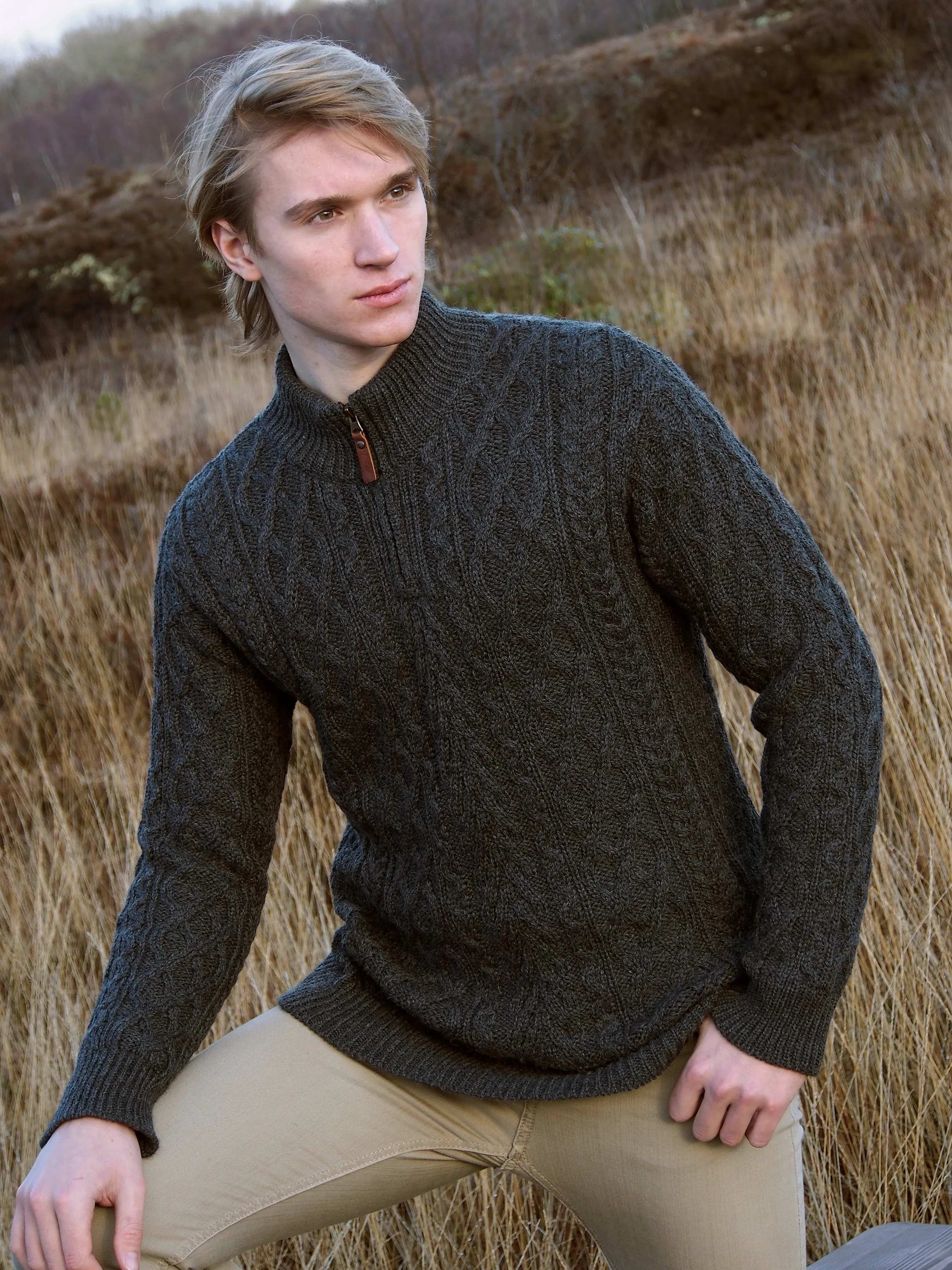 IRISH ARAN SWEATER WITH HALF ZIP DESIGN