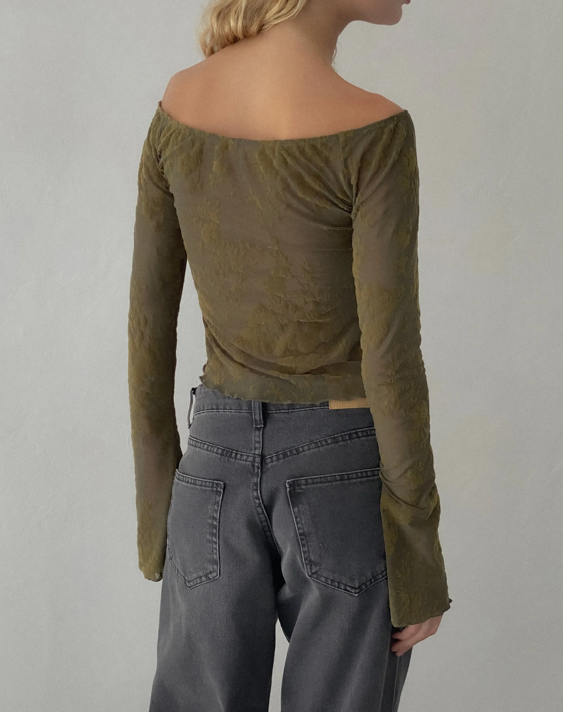 Kareena Long Sleeve Bardot Top in Abstract Botanic Dark Olive