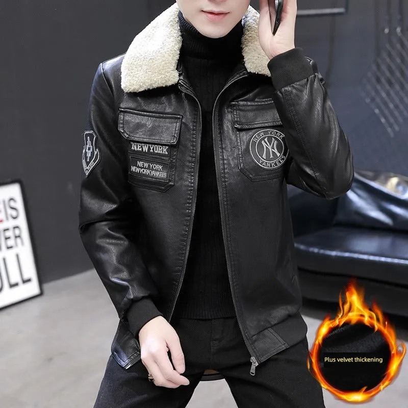 Korean-Style Fashion Top Clothes Leather Lapel Jacket