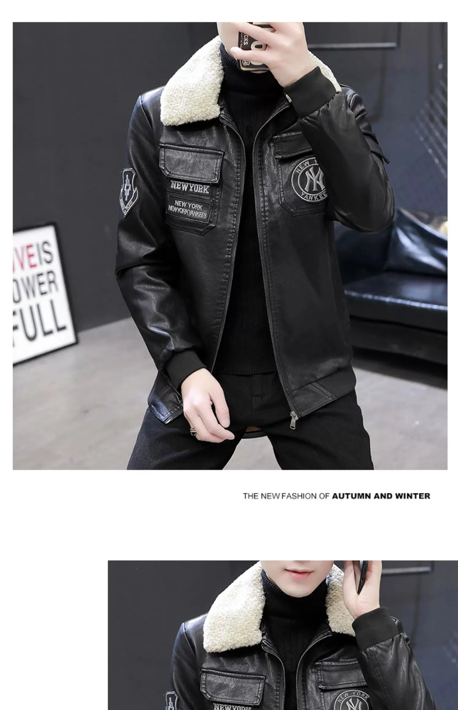 Korean-Style Fashion Top Clothes Leather Lapel Jacket