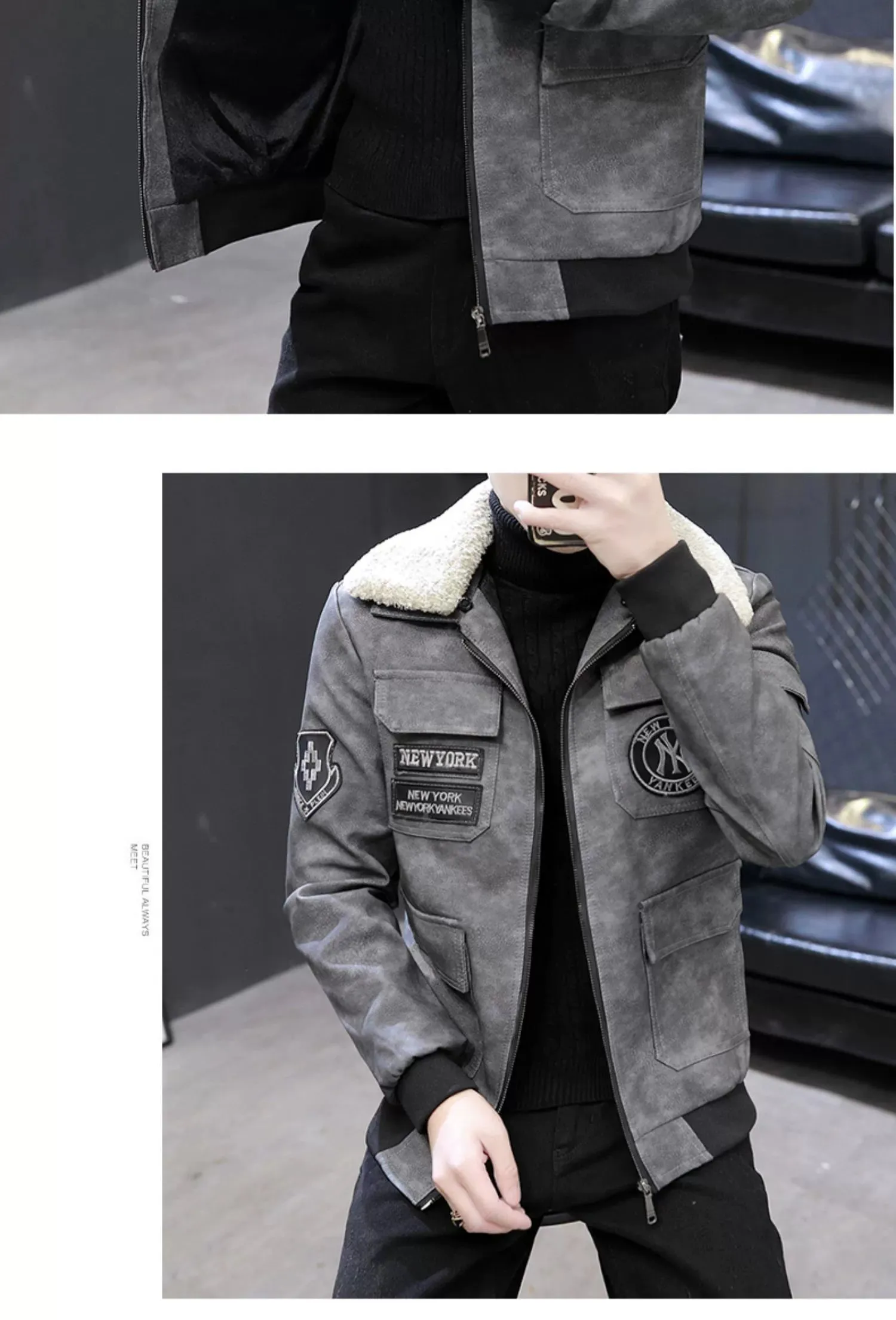 Korean-Style Fashion Top Clothes Leather Lapel Jacket