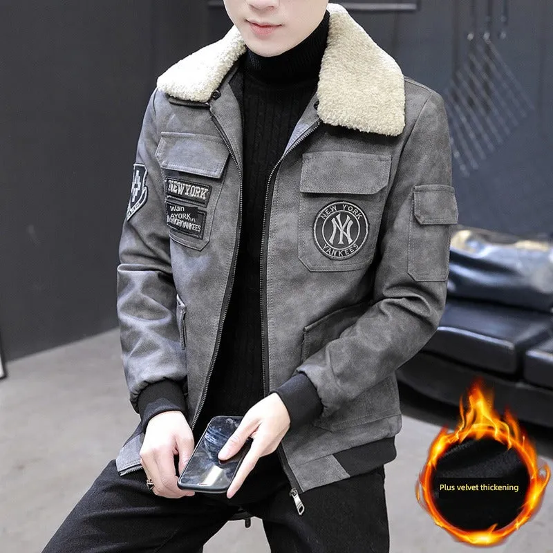 Korean-Style Fashion Top Clothes Leather Lapel Jacket