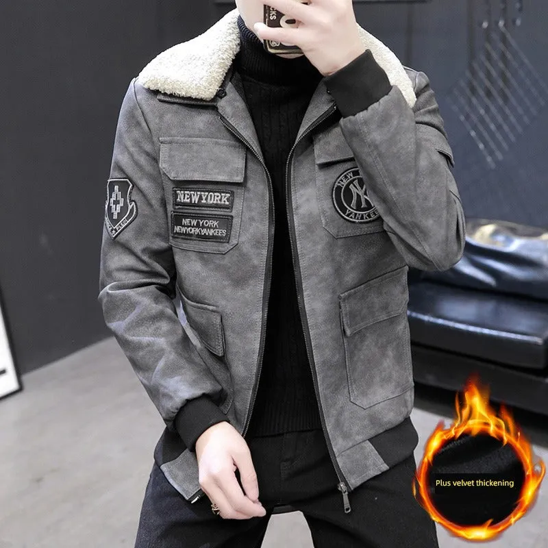 Korean-Style Fashion Top Clothes Leather Lapel Jacket