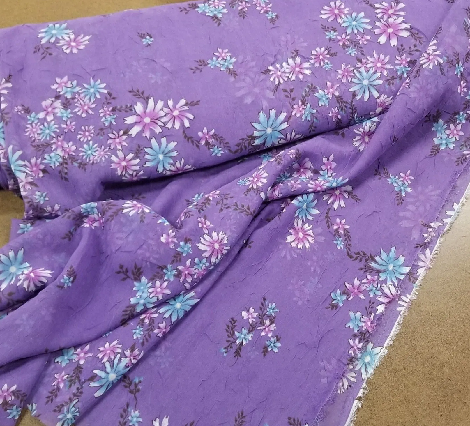 LA Finch 5 yard precut: 5 yards of Designer Deadstock Crinkle Blouse wear Purple Bohemian Floral Sheer Woven