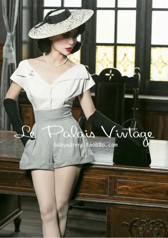 Le Palais Vintage retro pin up Limited elegant classic tall waist  woolen shorts- Buddy