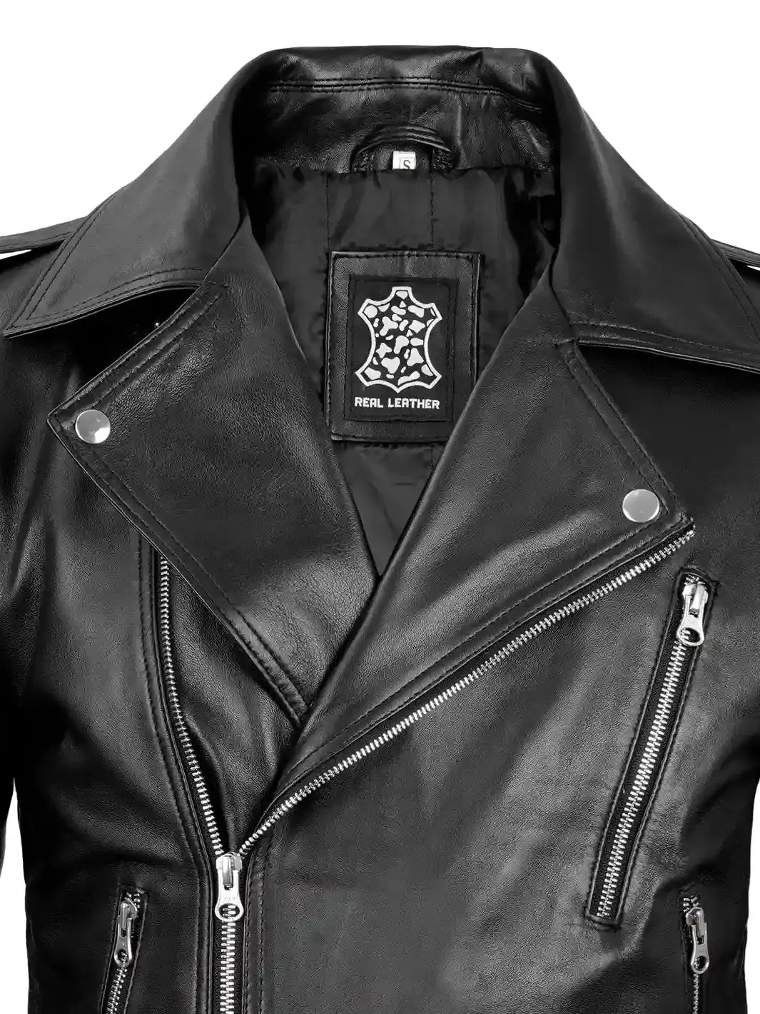 Mens Black Asymmetrical Belted Leather Biker Jacket