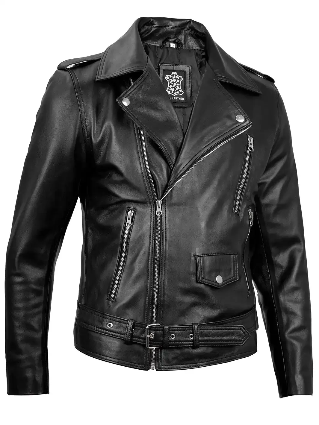 Mens Black Asymmetrical Belted Leather Biker Jacket