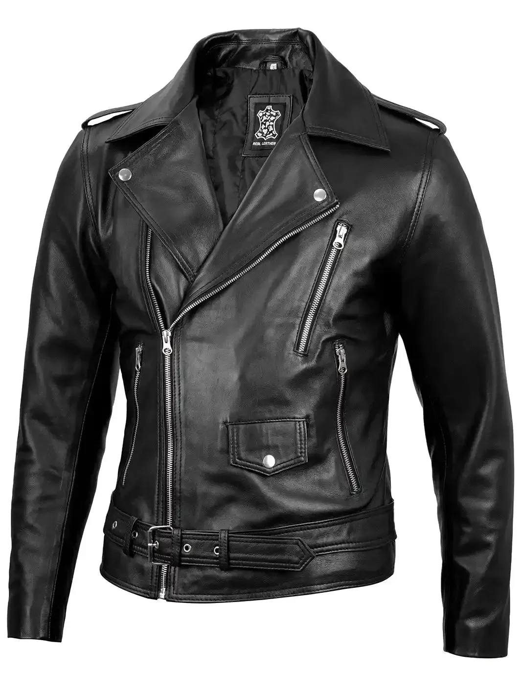 Mens Black Asymmetrical Belted Leather Biker Jacket