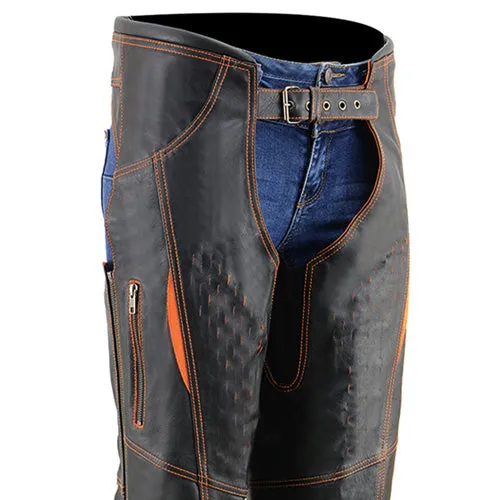 Milwaukee Leather Chaps for Women Black and Orange Premium Skin Laser Cut Accent Stitching Motorcycle Chap- MLL6525