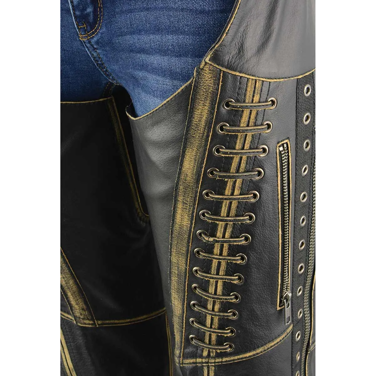 Milwaukee Leather Chaps for Women Black Premium Skin Rubbed Seams- Accented Lace Detailing Motorcycle Chap- MLL6527